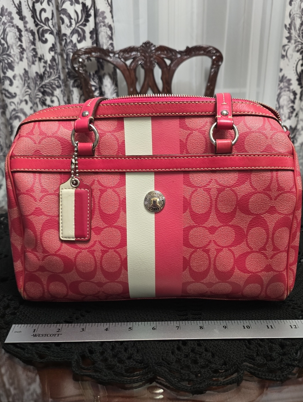 Coach Pink and White Signature Stripe Doctor Bag